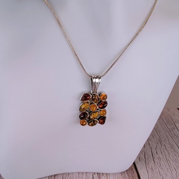 Unique Sterling Silver Pendant Necklace With Multicolor Baltic Amber Stones - Picture 2 of 9